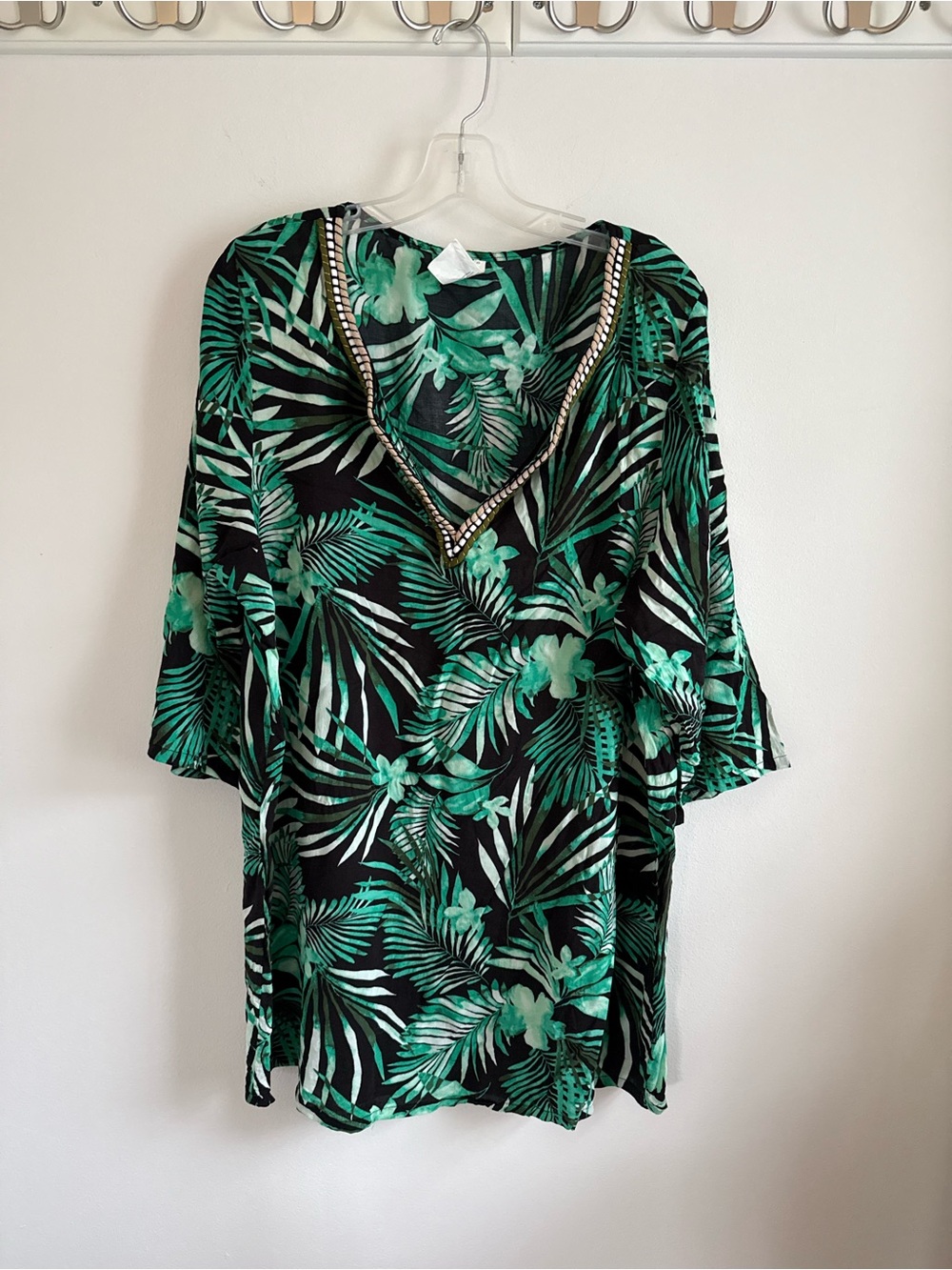 Jantzen Swim Cover-Up with Green Tropical Print and Beaded V-Neck